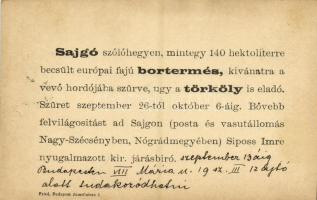 1901 Szécsény, Siposs Imre féle Sajgó szőlőhegyi bortermés reklámja