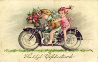 1931 Hartelijk Gefeliciteerd / children on a motorbike, greeting card, Begro Serie 8582 (EK)