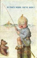 1929 So thats where youve been?, child with fishing rod, teddy bear, humour (EK)