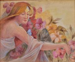 Szánthó jelzéssel: Nő pillangóval. Akvarell, papír, üvegezett hibás keretben, 23×30 cm