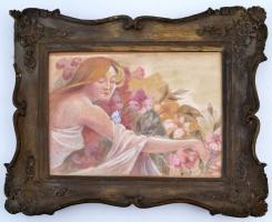 Szánthó jelzéssel: Nő pillangóval. Akvarell, papír, üvegezett hibás keretben, 23×30 cm