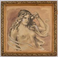 Stetka jelzéssel: Női félakt. Vegyes technika, papír, üvegezett keretben, 22×21 cm