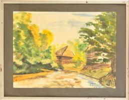 Fassel jelzéssel: Házak a patakpartnál. Akvarell, papír, üvegezett keretben, 34×46 cm