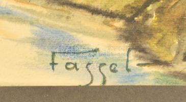 Fassel jelzéssel: Házak a patakpartnál. Akvarell, papír, üvegezett keretben, 34×46 cm