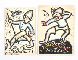 A. Tóth Sándor (1904-1980): Újévi üdvözlőlapok. 2 db fametszet, egyiken saját kézírással 10,5x15 cm