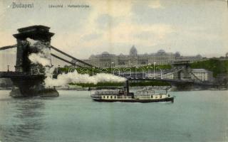 1907 Budapest, Lánchíd, Királyi vár a háttérben, gőzhajó (EK)