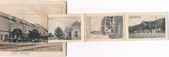 1928 Monor, Községháza. leporellólap, belül: vasútállomás, adó hivatal, vigadó, gyógyszertár, templo...