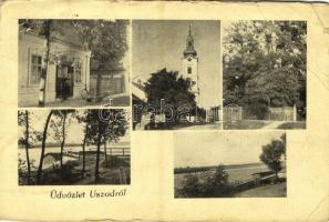1943 Uszód, Református templom, üzlet, kerékpár, Duna. Kiadja Sztajkó Sándor (EB)