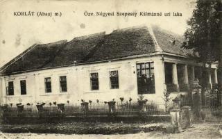 1930 Korlát, Özv. Négyesi Szepessy Kálmánné úri laka, kúria, kastély. Kiadja Lehrbaum Sándor fényképész. Hátoldalon Özv. Szepessy Kálmánné saját levele (ázott / wet damage)