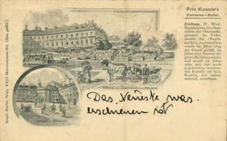 1897 Wien, Vienna, Bécs IV. Partie am Naschmarkt mit Freihaus, Kapelle im Freihaus, Fritz Kurandas Viennensa-Karten / market, tram, chapel