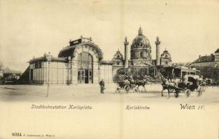 Wien, Vienna, Bécs IV. Stadtbahnstation Karlsplatz, Karlskirche / railway station, church, horse-drawn carriages