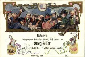 Urkunde, Stiegkeller Salzburg, Verlag u. Druck von J. Huttegger / restaurant advertisement s: H. v. Zwickle (EK)