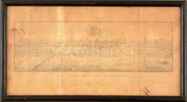 cca 1800 Pest szabad királyi város látképe a Duna felől, metszet, hajtott, foltos, üvegezett keretben, 30×12 cm.