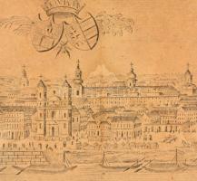 cca 1800 Pest szabad királyi város látképe a Duna felől, metszet, hajtott, foltos, üvegezett keretbe...