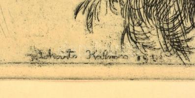 Istókovits Kálmán (1898 - 1990): Pecázók. Színezett rézkarc, papír, jelzett a karcon, 27×33 cm