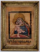 Szűz Mária és a kis Jézus, orosz gyöngygobelin, kopott üvegezett keretben, 18x13 cm