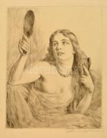 Prihoda István (1891-1956):Fésülködő lány Rézkarc, papír, jelzett, 34,5×26,5 cm