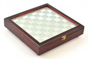 Üveg sakk-készlet, hibátlan üveg figurákkal, üveg sakktáblával fa dobozban, 26×26×6 cm