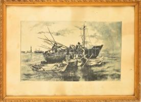 Görög Rezső (1930- ): Halászok. Rézkarc, papír, jelzett, üvegezett fa keretben, 22×38 cm
