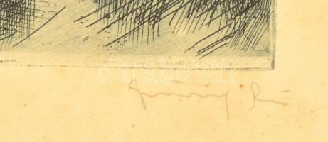 Görög Rezső (1930- ): Halászok. Rézkarc, papír, jelzett, üvegezett fa keretben, 22×38 cm