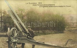 1914 La Guerre, Canon francais contre aeroplanes et dirigeales, manoeuvré par un employé du Creusot / WWI French military, artillery, anti-aircraft gun