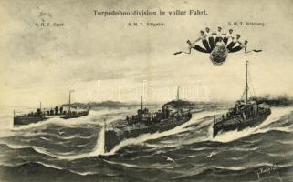 Torpedobootdivision in voller Fahrt / SMS Greif, SMS Alligator, I. osztályú torpedónaszádok, SMS Wildfang Huszár-típusú torpedóromboló (Zerstörer), matrózok / WWI K.u.K. Kriegsmarine destroyers, torpedoboat, mariners. G. Fano Pola 1908 s: G. Kappler (EK)