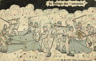Au Battage des couvertes / soldiers beating the covers, military humour