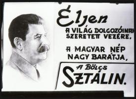 cca 1950 Sztálin köszöntésére, a mozikban vetített diapozitív képek előzetes negatívja, 5 db vintage negatív, Fekete György (1904-1990) budapesti fényképész hagyatékából, 24x36 mm