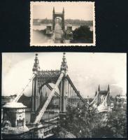 cca 1940 Budapest, a régi Erzsébet híd, 2 db fotó, az egyik vintage fénykép, 4,5x6,4 cm és 8,5x12,5 cm