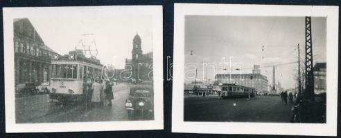 cca 1930 Budapest, villamosok, 2 db vintage fotó, az egyik kép feliratozott, 3,7x4,5 cm