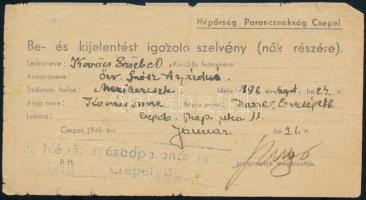 1945 Csepel, Népőrség Parancsnokság által kiállított kijelentést igazoló szelvény nők részére