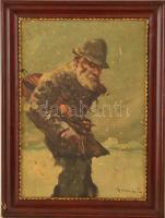 Kasznár Ring Jenő (1875-1945): Öreg a hegedűjével. Olaj, karton, jelzett, foltos, keretben, 34×24 cm
