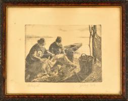 Pataky Béla (1932- ): Halászok. Rézkarc, papír, jelzett, üvegezett keretben,14,5×19,5 cm