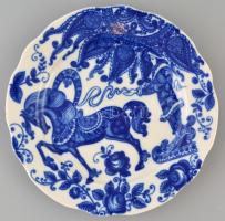 Orosz népi dekoros tányér, Kobalt, jelzett, hibátlan d: 24 cm