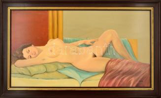 Rónai Antal  (1924-): Pihenés (Fekvő női akt). Olaj, farost, jelzett, keretben, 50×90 cm