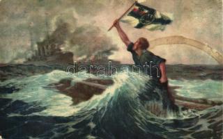 Der letzte Mann. Kaiserliche Marine / WWI German Imperial Navy art postcard, Sea battle of the Falkland Islands s: Prof. Hans Bohrdt (worn corners)