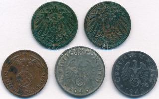 Német Birodalom 1908-1914. 1pf (2xklf) + Német Harmadik Birodalom 1938-1943. 1pf (2xklf) + 1940. 5pf...