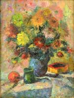 Biró Ferenc (1921-2001): Virágcsendélet, olaj, farost, jelzett, fa keretben, 66×50 cm
