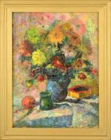 Biró Ferenc (1921-2001): Virágcsendélet, olaj, farost, jelzett, fa keretben, 66×50 cm