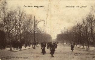 1907 Szeged, Széchenyi téri Corso, korzó, újságárus. Kiadja Grünwald Herman (fa)
