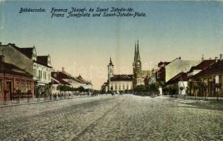 Békéscsaba, Ferenc József és Szent István tér, templomok, üzletek. Kiadja Gesmey Soma (apró szakadás / tiny tear)