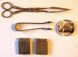 Kis vegyes tétel: 2 db régi benzines öngyújtó, süteménykiszedő, cukorfogó, Perchtoldsdorf üvegfotó