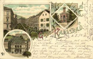 1894 Karlovy Vary, Karlsbad; Parkstrasse, Theater, Franz Josephs Höhe / promenade, theatre, observation tower, Art Nouveau, floral, litho