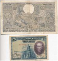 Vegyes: Spanyolország 1928. 25P + Belgium 1938. 100Fr T:III Mixed: Spain 1928. 25 Pesetas + Belgium 1938. 100 Francs C:F