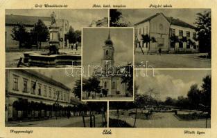 1941 Elek, Gróf Wenckheim tér, Római katolikus templom, Polgári iskola, Nagyvendéglő, étterem, Hősök ligete (EK)