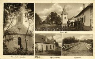 1944 Kóvár, Koláre; Római katolikus templom, Mráz üzlete, Ipoly híd, utcakép, Harangláb / Catholic church, shop, Ipel river bridge, street view, belfry (EK)