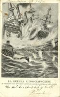 1904 La Guerra Russo-Giapponese, Le corazzate russe attaccate dalle torpediniere giapponesi a Port-Arthur / Russo-Japanese navy battle art postcard (fa)