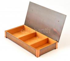 Iparművész réz doboz, fa betéttel, jelzett (Kállay), 24,5×12,5 cm