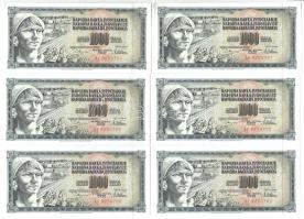 Jugoszlávia 1978. 1000D (15x) sorszámkövetők, valamint mindegyiken nyomdahiba GUVERNE + eredeti bankjegy kötegelő T:I  Yugoslavia 1978. 1000 Dinara (15x) sequential serials and all with GUVERNE printing error + original banknote wrapper C:UNC
