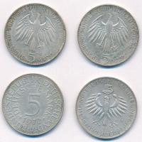 NSZK 1968-1972. 5M Ag (4x), közte 1968G 5M Ag "Gutenberg János halálának 500. évfordulója"...